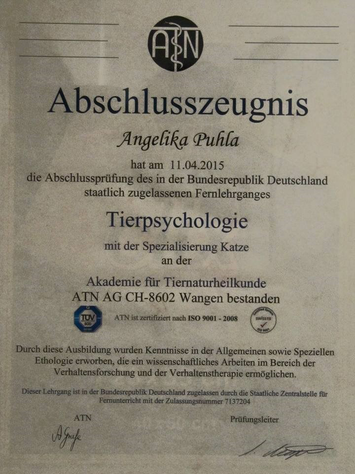 Abschlusszeugnis Tierpsychologie